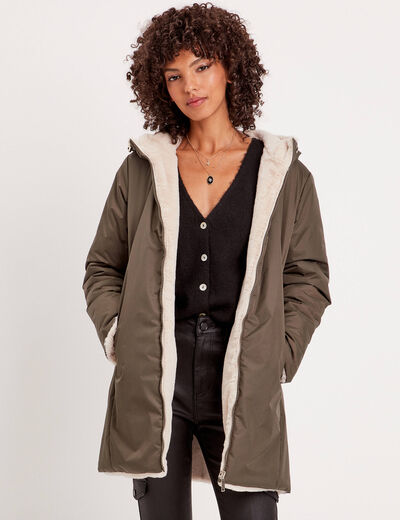 Parka réversible à capuche vert kaki femme