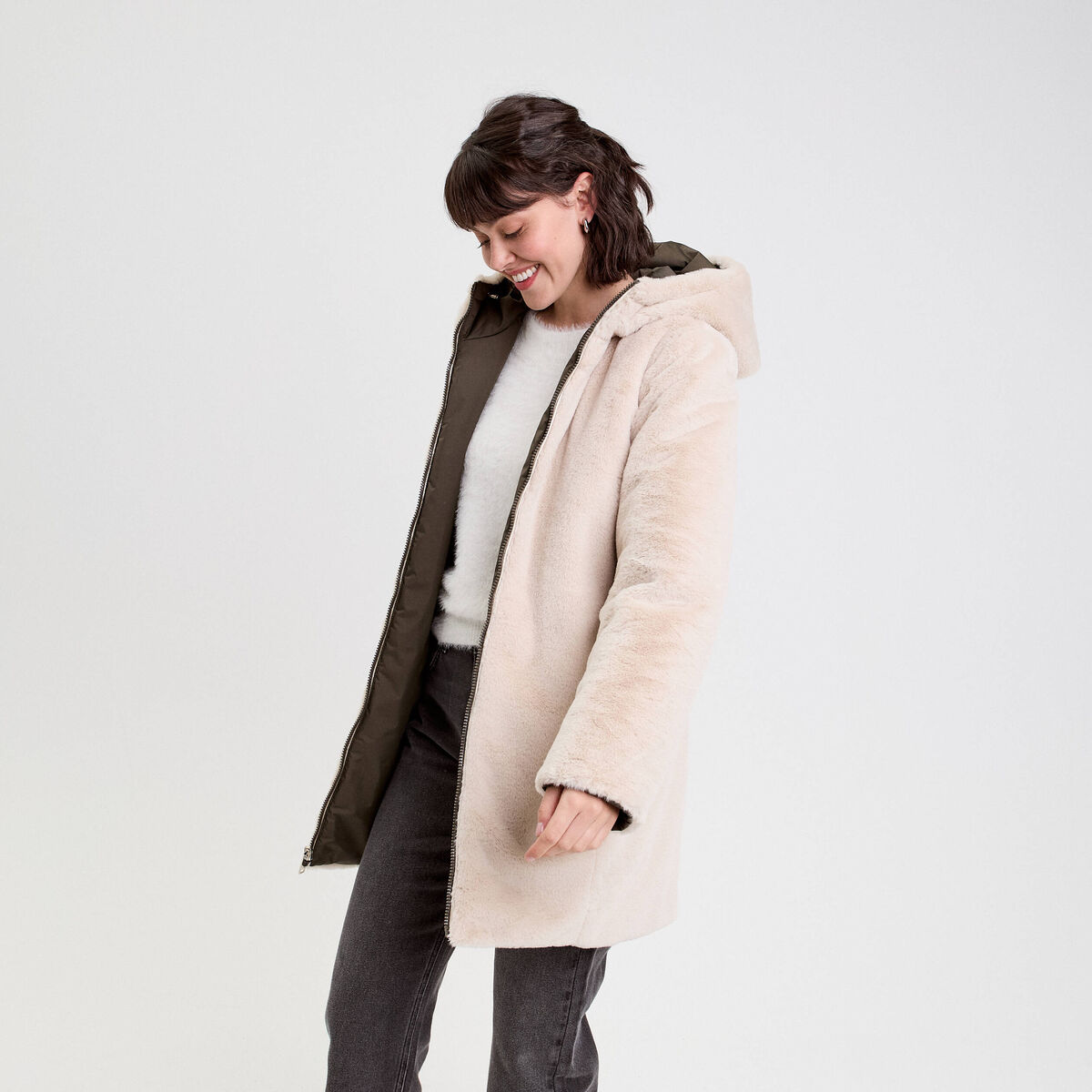 Parka r&eacute;versible &agrave; capuche vert kaki femme