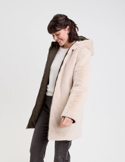 Parka réversible à capuche vert kaki femme