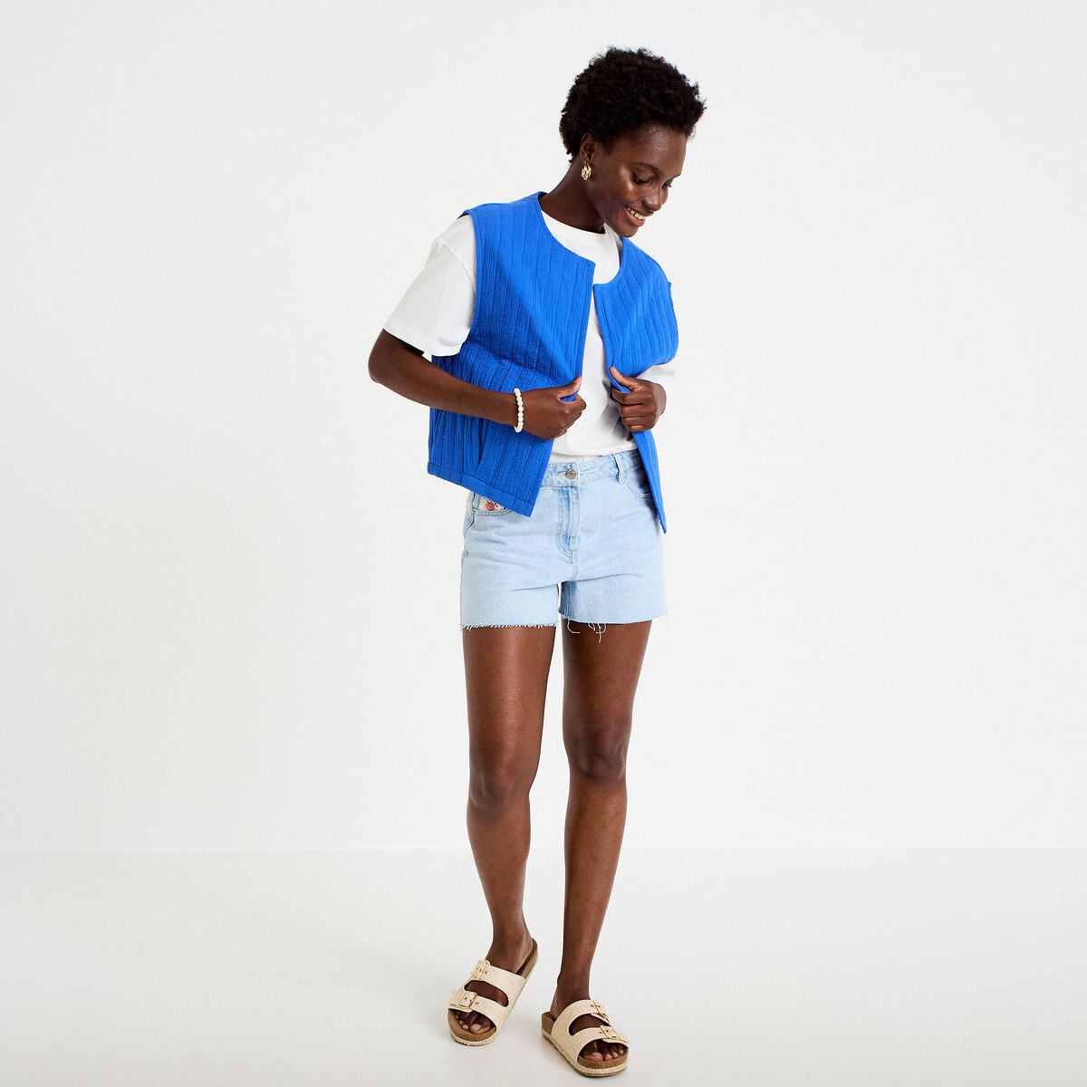 Gilet barman ample cropped pliss&eacute; bleu electrique femme