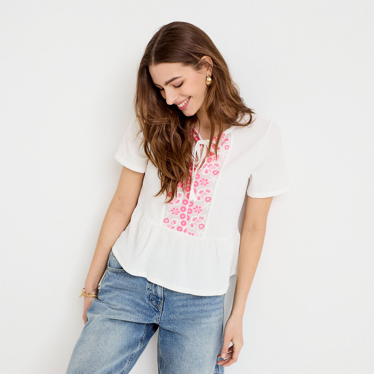 Blouse brod&eacute;e ecru femme