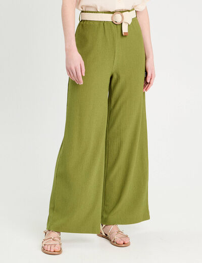 Pantalon large fluide ceinturé vert foncé femme