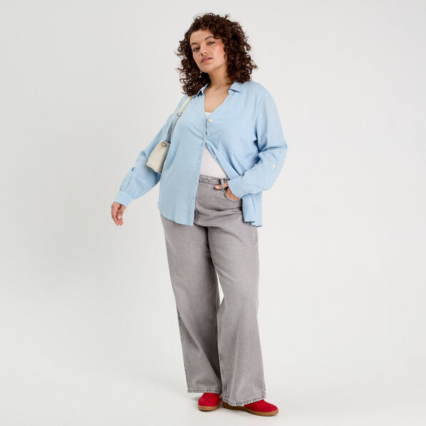 chemise manches longues contenant du lin bleu pastel femme Chemise manches longues contenant du lin bleu pastel femme