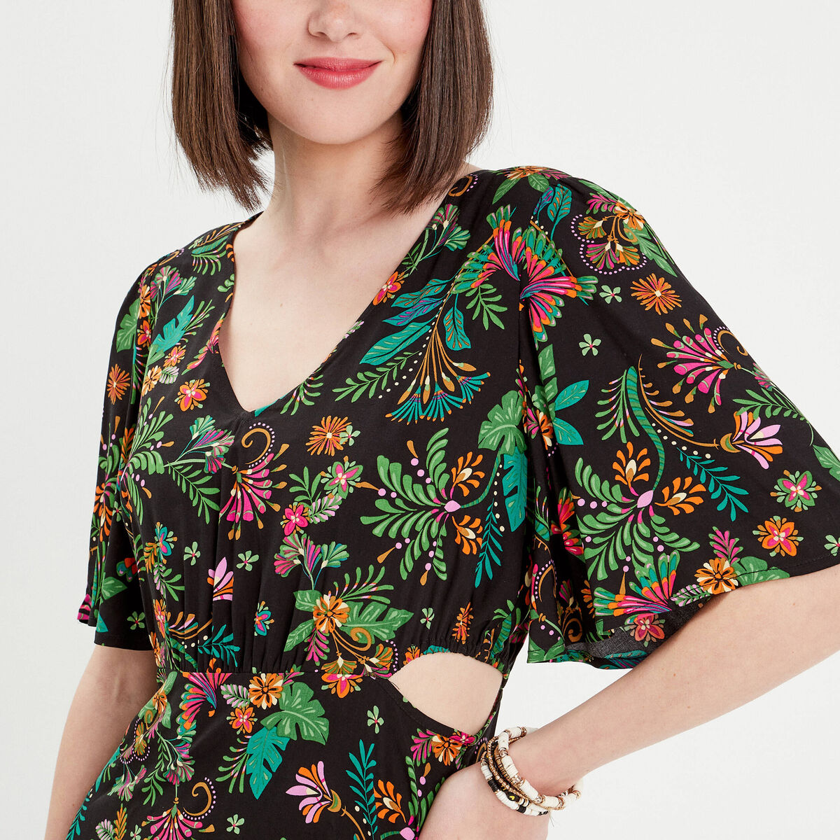 Robe longue évasée ouvertures noir femme