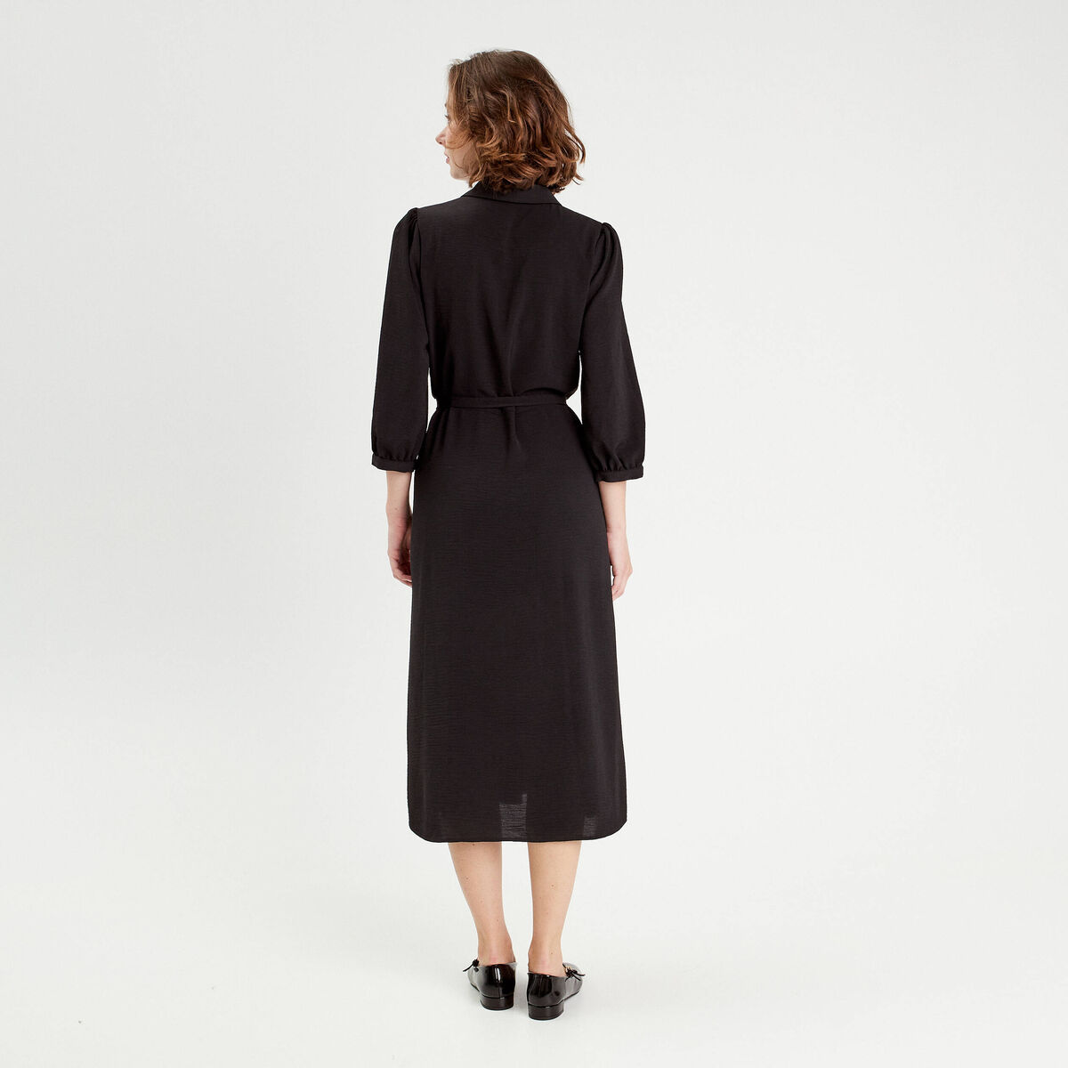 Robe longue chemise ceinturée noir femme