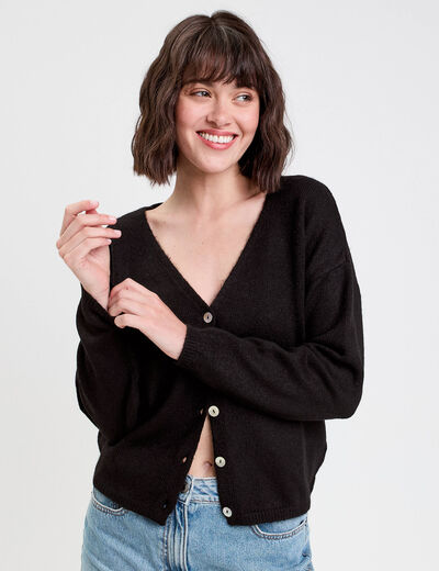 Gilet boutonn&eacute; avec col en V noir femme