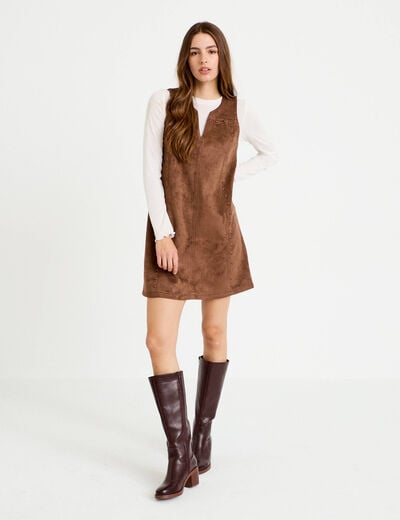Robe droite courte sans manches col rond marron femme