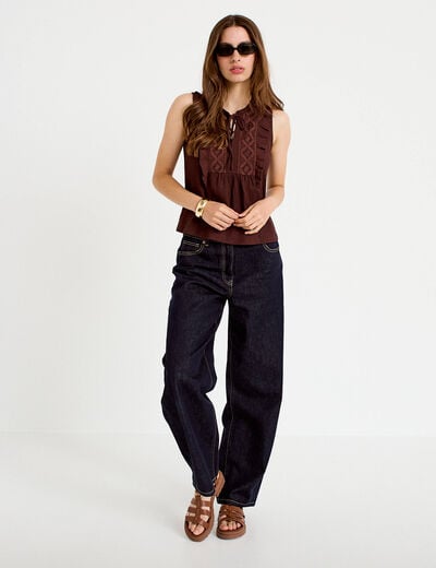 Blouse sans manches col v marron femme