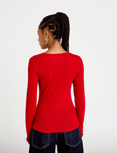 T-shirt ajust&eacute; col rond manches longues rouge femme