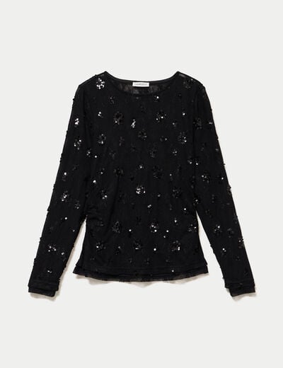 T-shirt ajust&eacute; col rond brod&eacute; perles noir femme