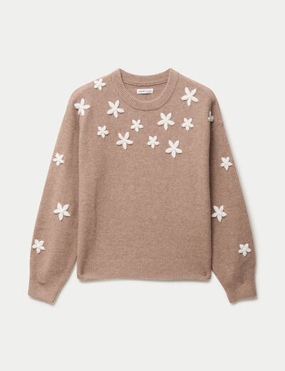 Pull oversize brod&eacute; manches longues beige femme