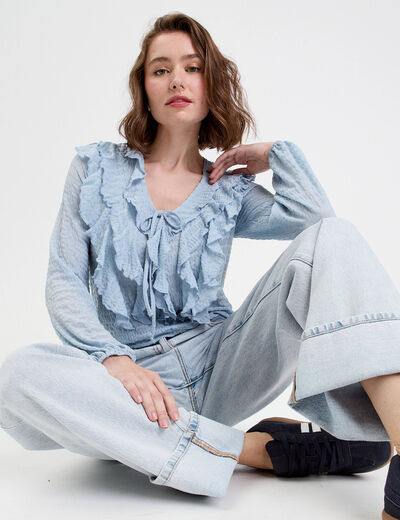 Blouse manches longues aspect dentelle bleu clair femme