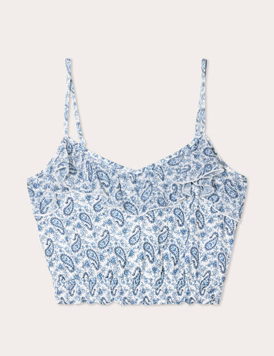 Blouse cropped volants bleu femme