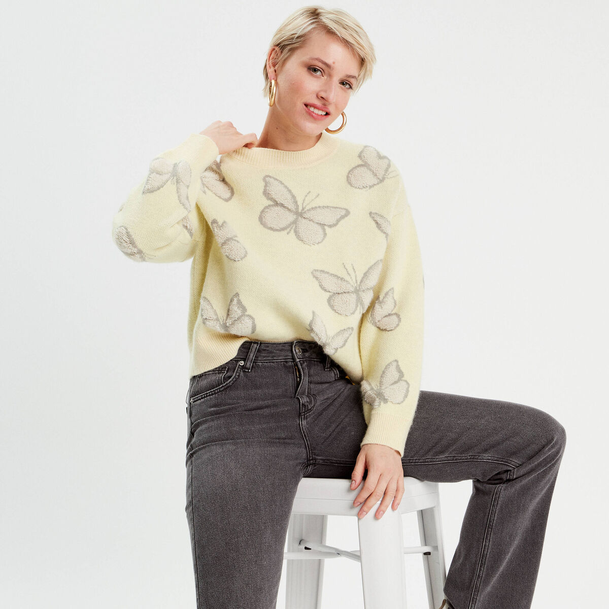 Pull manches longues jaune clair femme