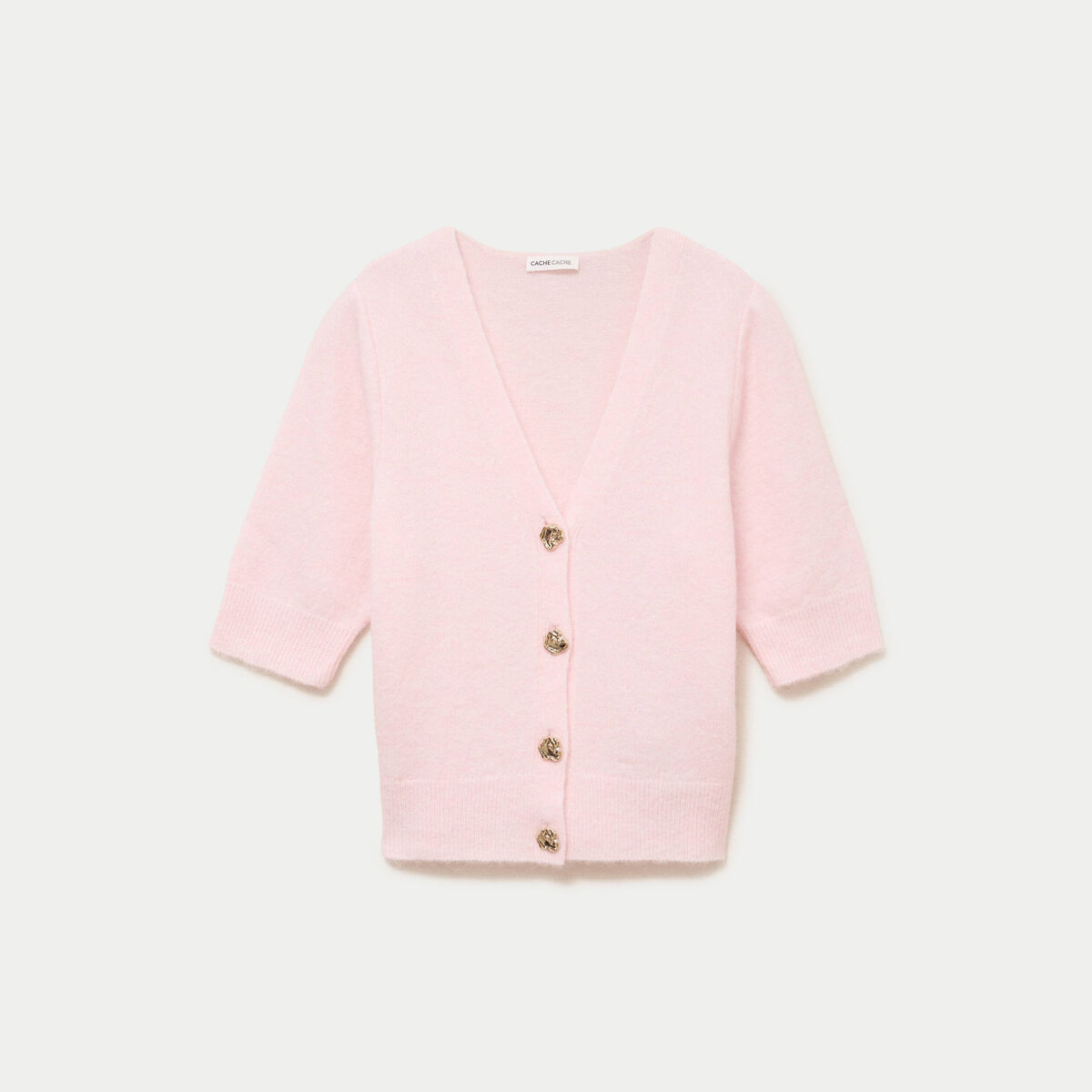 Gilet duveteux col v manches longues rose clair femme