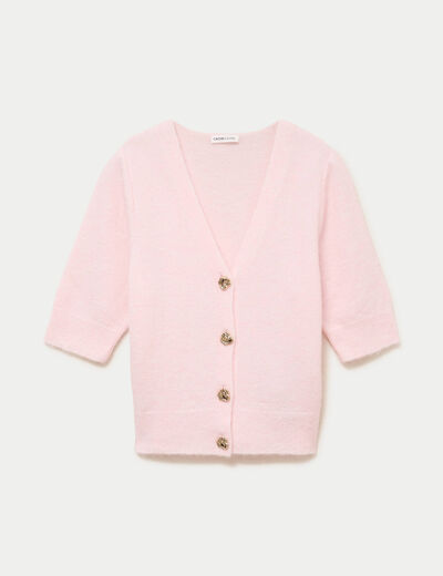 Gilet duveteux col v manches longues rose clair femme