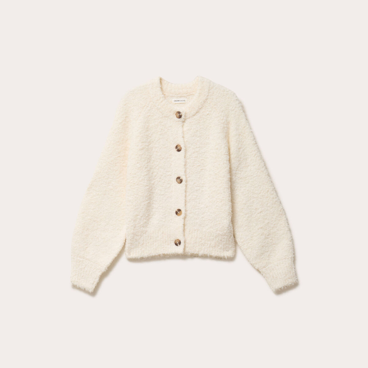 Gilet bouclette col rond manches longues ivoire femme
