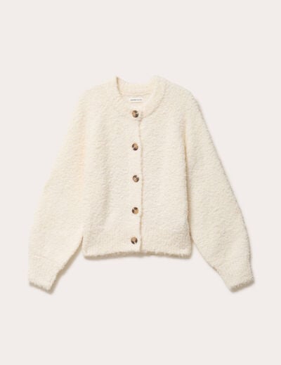 Gilet bouclette col rond manches longues ivoire femme