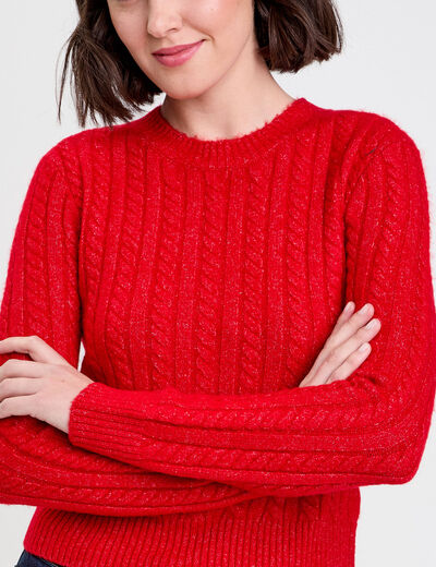 Pull ajusté col rond manches longues rouge femme