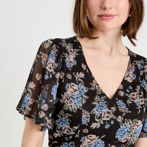 Robe midi évasée col en V noir femme