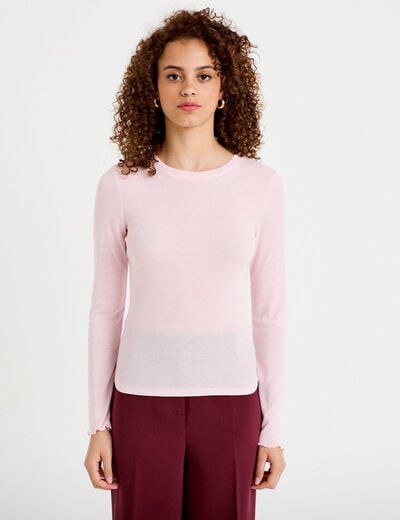 T-shirt ajust&eacute; col rond manches longues rose clair femme