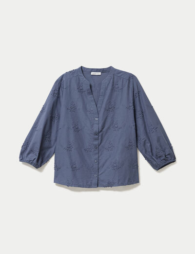 Blouse brod&eacute;e col mao manches 3/4 bleu gris femme