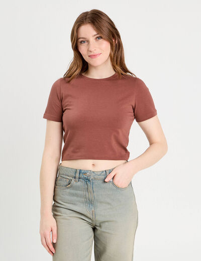 T-shirt cropped marron cognac femme
