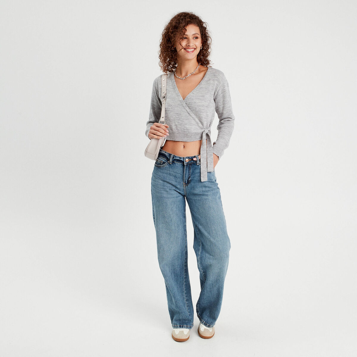 Gilet col cache-coeur noué gris clair femme