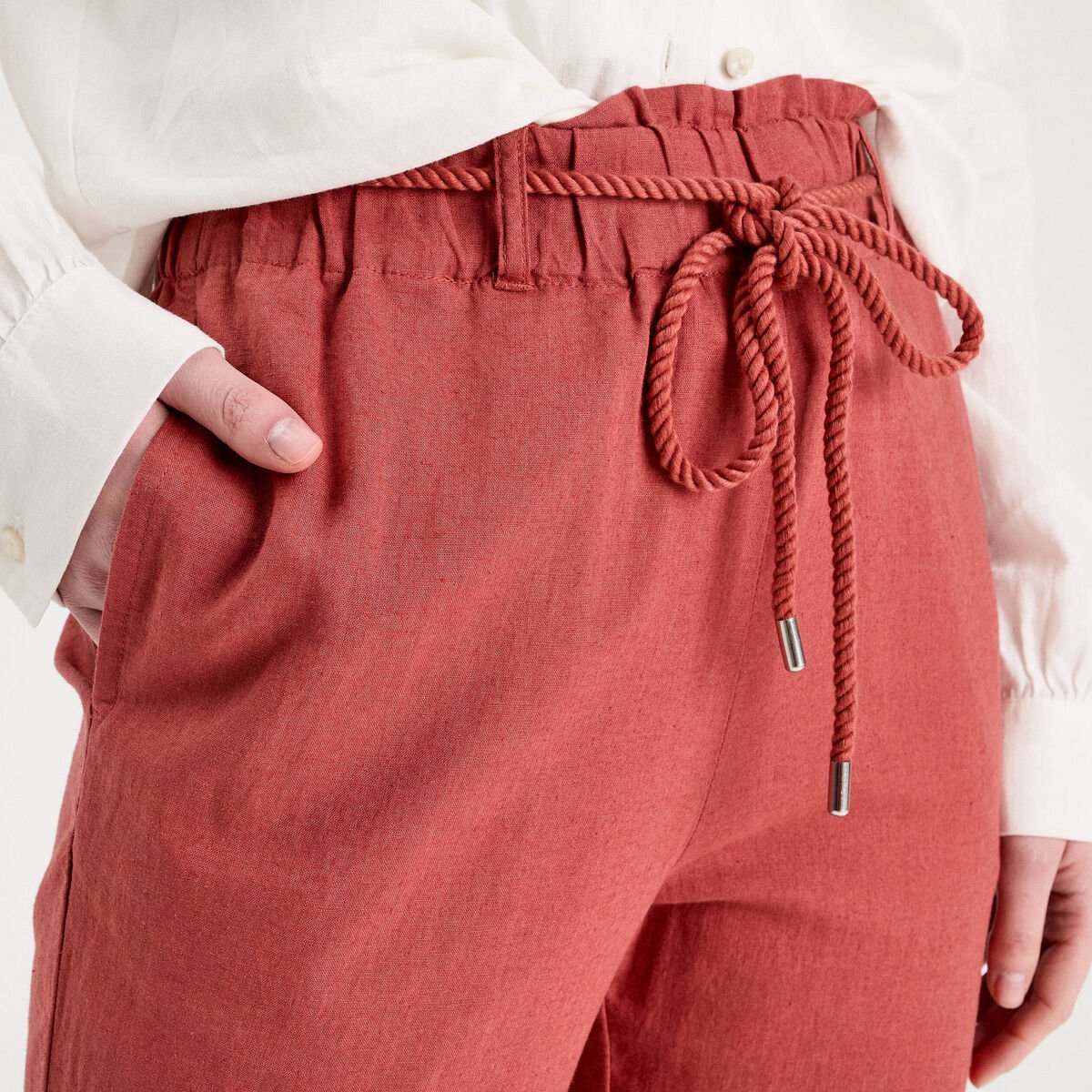 Pantalon droit fluide contenant du lin vieux rose femme