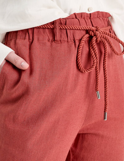 Pantalon droit fluide contenant du lin vieux rose femme