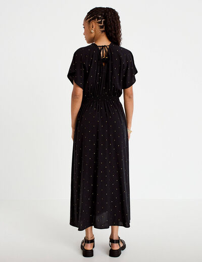 Robe &eacute;vas&eacute;e 3/4 col v manches courtes noir femme