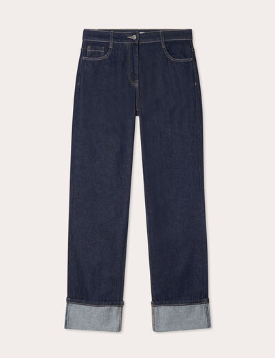 Jeans droit à revers denim brut femme