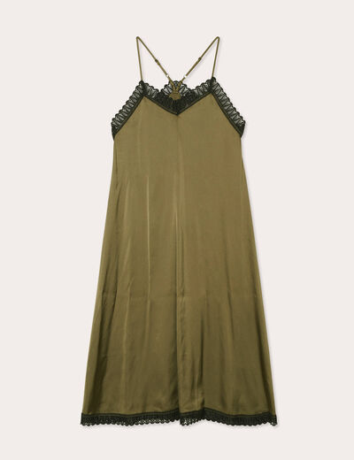 Robe midi évasée satin vert kaki femme