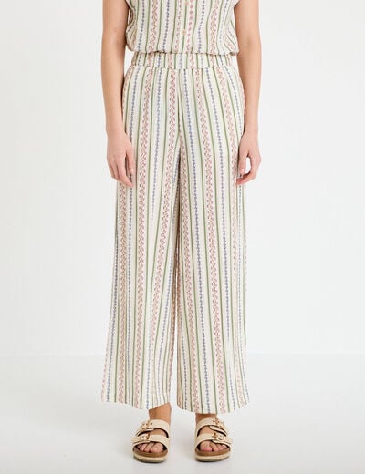 Pantalon large taille &eacute;lastiqu&eacute;e beige femme
