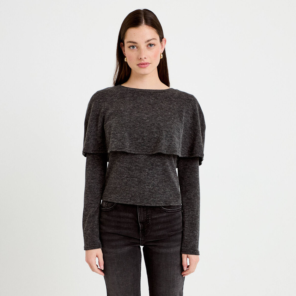 Pull cape col rond manches longues gris fonc&eacute; femme