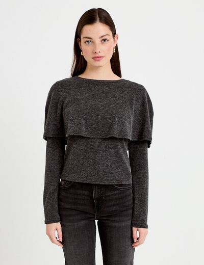 Pull cape col rond manches longues gris fonc&eacute; femme