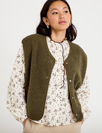 Gilet sans manches effet polaire vert kaki femme