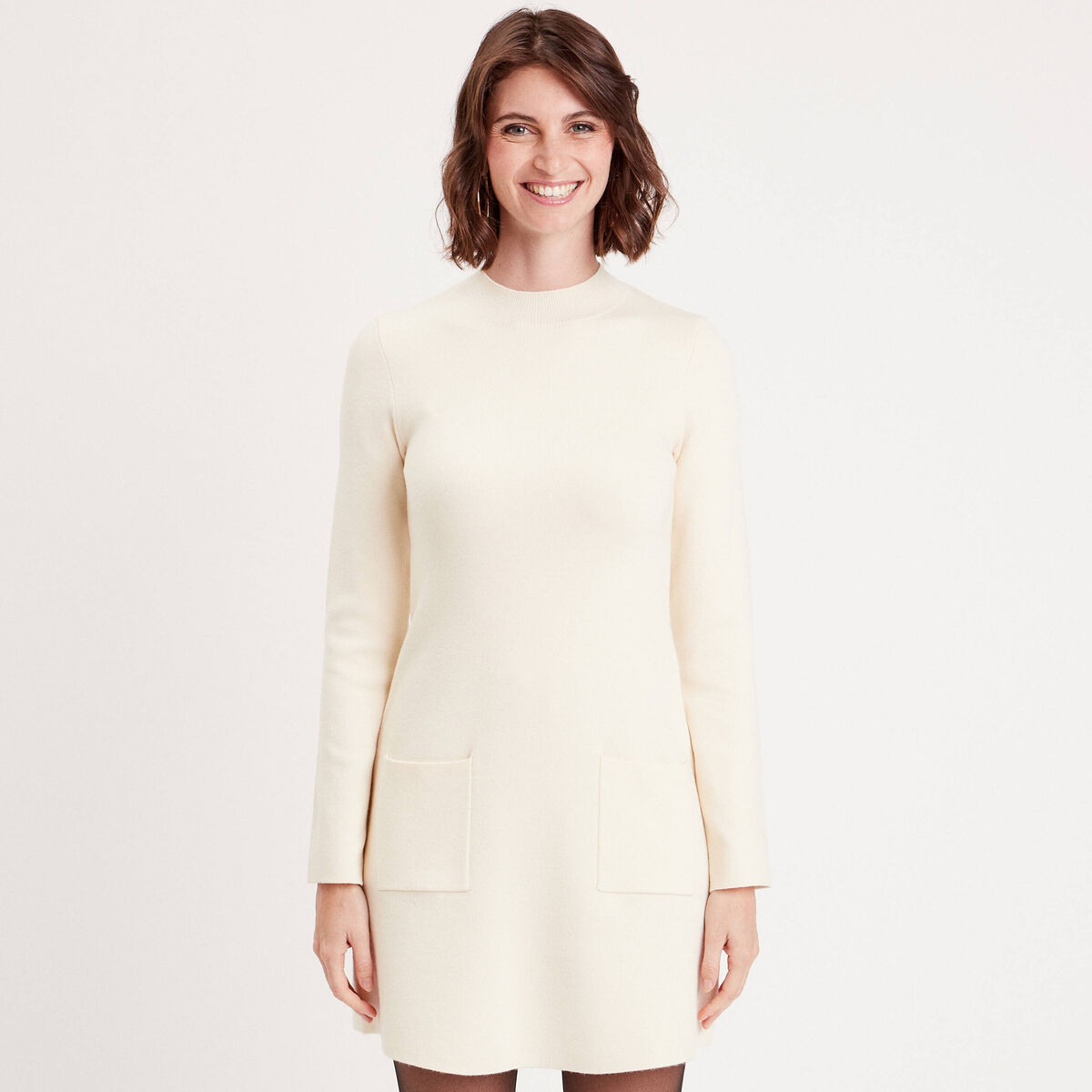 Robe pull droite avec poches ecru femme