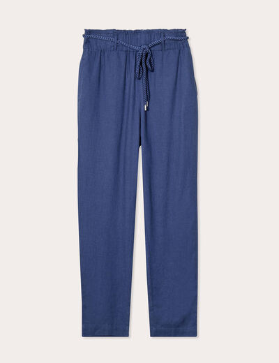 Pantalon droit fluide contenant du lin bleu foncé femme
