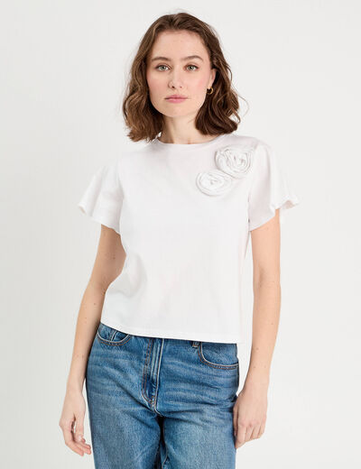 T-shirt détails fleurs blanc femme