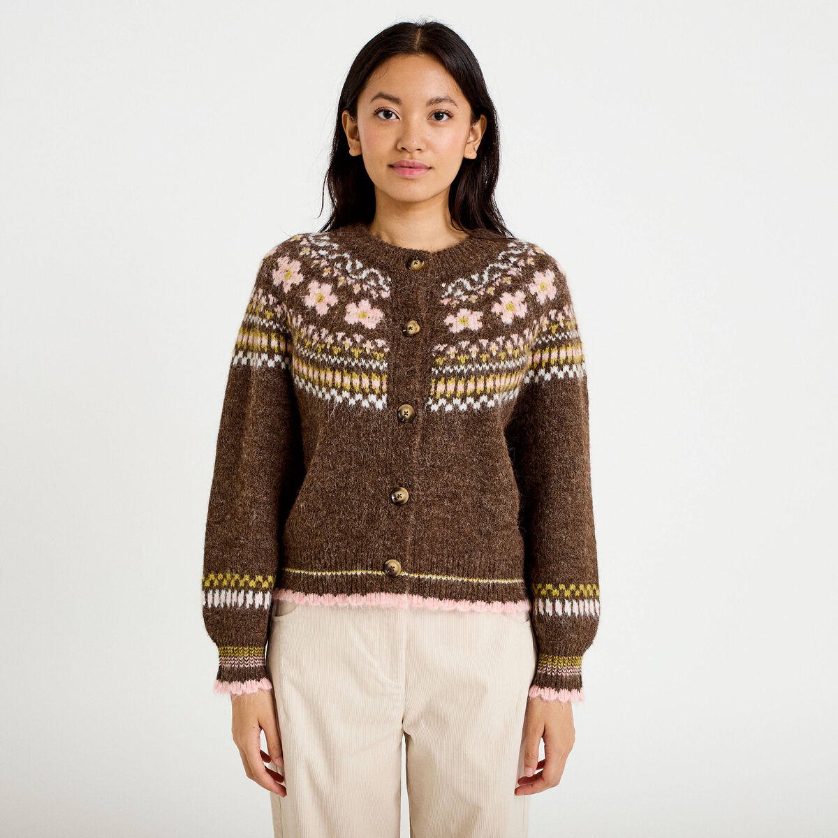 Gilet ample col rond manches longues marron fonc&eacute; femme