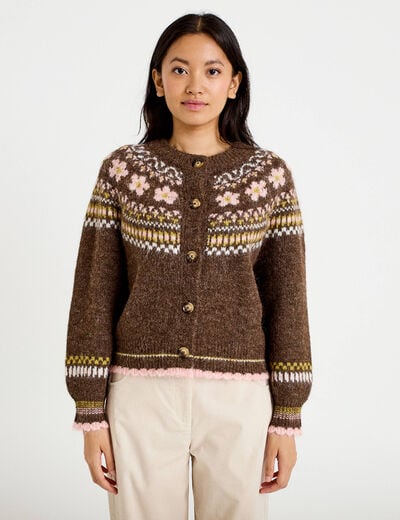 Gilet ample col rond manches longues marron fonc&eacute; femme