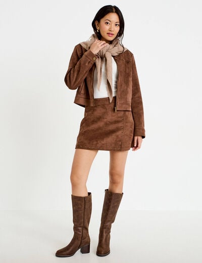 Veste droite cropped col tailleur marron femme