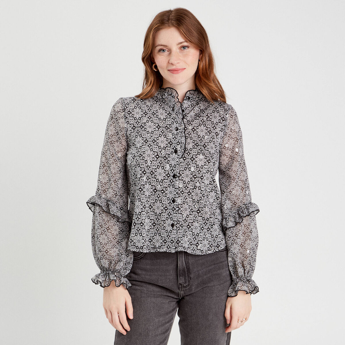 Blouse avec volants noir femme