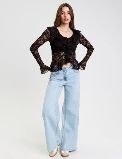 Blouse ajustée col V dentelle noir femme