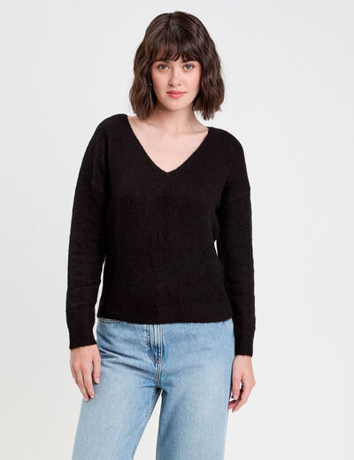 Pull avec col en V noir femme
