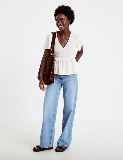 Blouse cintr&eacute;e col v manches courtes ecru femme
