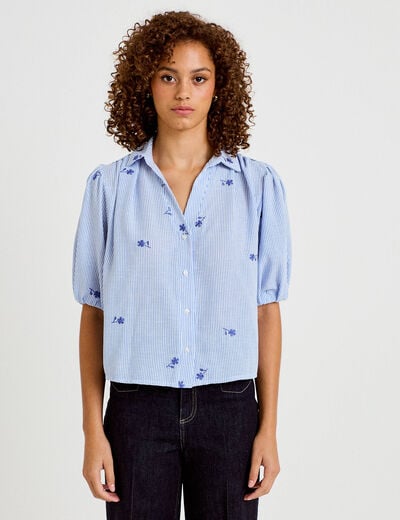 Chemise droite col classique manches 3/4 bleu clair femme