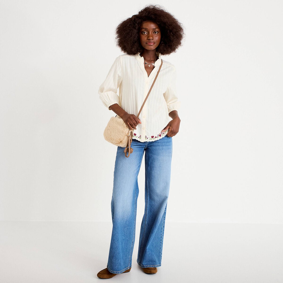 Blouse broderie col v manches 3/4 ecru femme
