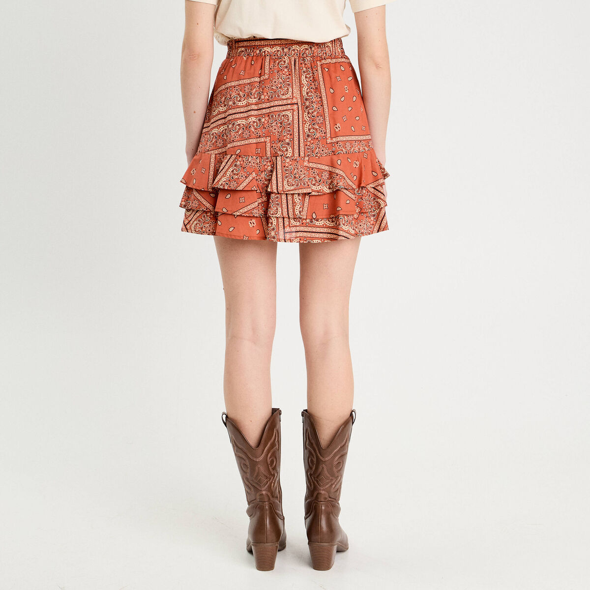 Jupe &eacute;vas&eacute;e volants terracotta femme